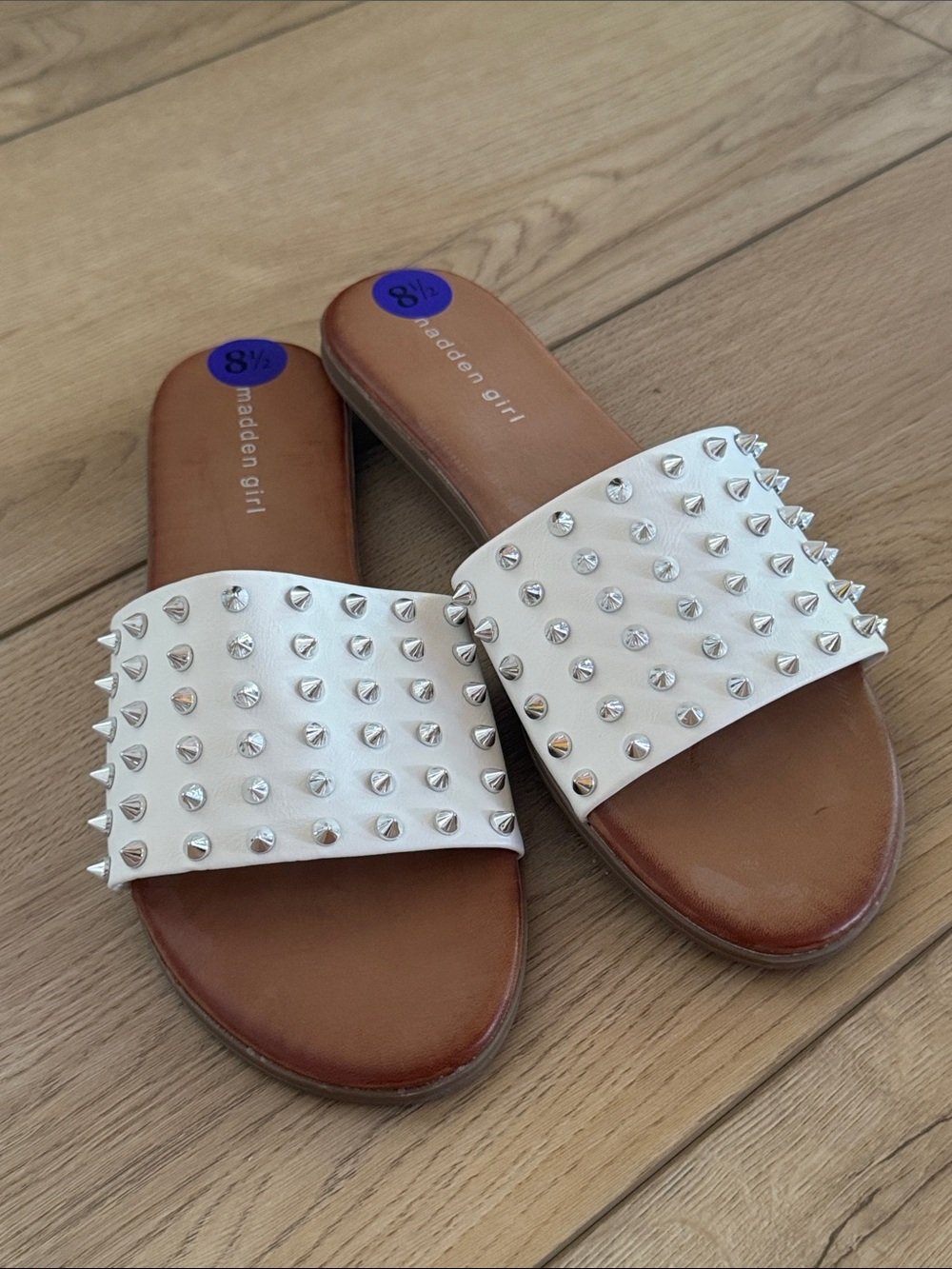 Madden Girl White Studded Slide Sandals with Brown Footbed
